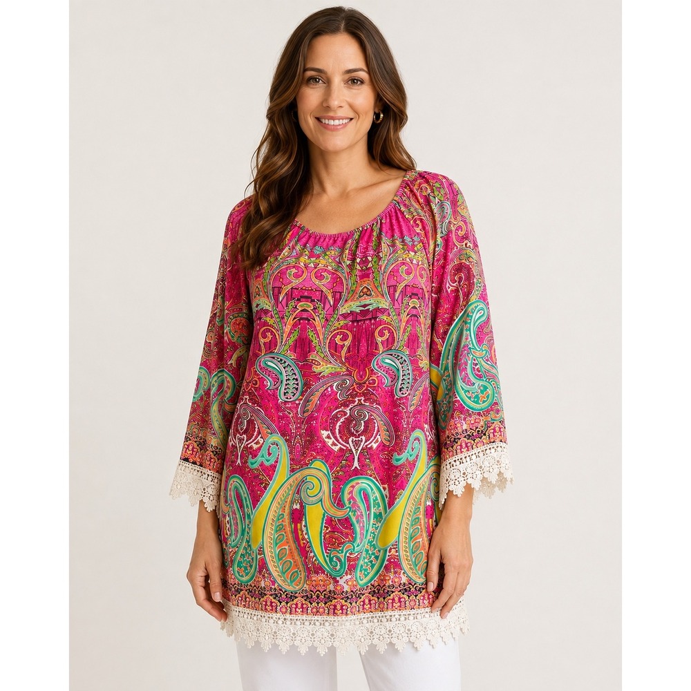 R. Rouge Pink Paisley Crochet Lace Trim Tunic Top Mini Dress Womens Small USA